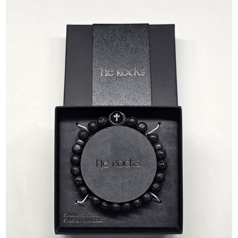 HE ROCKS Men’s Beaded Stretch Bracelet Black Stainless Steel Cross
